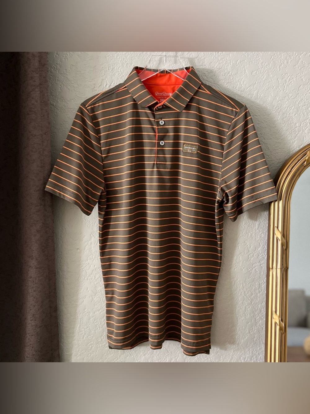 Good Good Golf Men's Polo Shirt Brown Orange Striped Short Sleeve Size Small